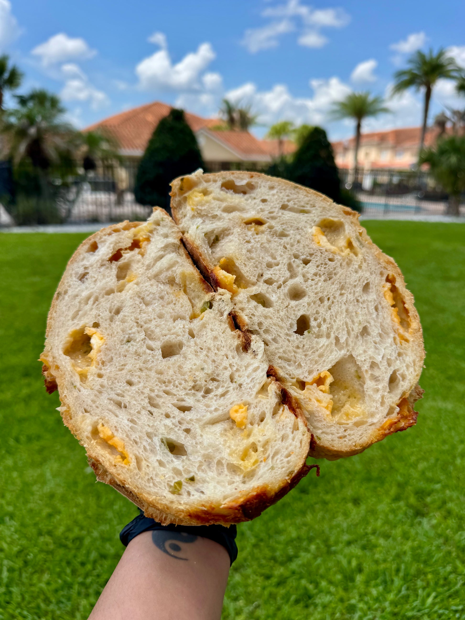 Fresh organic cheddar and jalapeño sourdough loaf made with sharp cheddar cheese, fresh jalapeños, and naturally fermented sourdough starter, handcrafted by The Blissful Bakehouse.